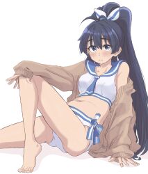 Rule 34 | 1girl, anjerain, arm support, bare shoulders, barefoot, bikini, black hair, blue eyes, blue neckerchief, blue sailor collar, blush, bow, breasts, brown cardigan, cardigan, closed mouth, collarbone, commentary, feet, foot out of frame, ganaha hibiki, hair bow, hair ribbon, hand on own knee, highres, idolmaster, idolmaster (classic), idolmaster million live!, idolmaster million live! theater days, knee up, legs, long hair, long sleeves, looking at viewer, medium breasts, navel, neckerchief, open cardigan, open clothes, ponytail, ribbon, sailor collar, sailor swimsuit (idolmaster), shy, side-tie bikini bottom, simple background, single off shoulder, sitting, sleeves past wrists, solo, swimsuit, toenails, toes, white background, white ribbon, white swimsuit