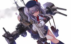 Rule 34 | 1girl, akasaai, beret, black hat, black socks, blue eyes, breasts, cannon, finger to mouth, frilled skirt, frilled sleeves, frills, gloves, grey shirt, hair between eyes, hat, highres, jacket, kantai collection, kashima (kancolle), large breasts, looking at viewer, medium hair, neckerchief, red neckerchief, rigging, shirt, silver hair, simple background, skirt, smoke, smokestack, socks, solo, standing, turret, twintails, upper body, white background, white gloves, white jacket