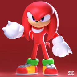 Rule 34 | 1boy, 3d, artist name, clenched hand, frown, full body, furry, furry male, henry vargas, highres, knuckles the echidna, looking at viewer, purple eyes, red background, shoes, sonic (series), standing