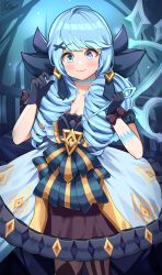 Rule 34 | black choker, black gloves, blue eyes, blue hair, breasts, checkered clothes, choker, cleavage, dress, drill hair, eyeshadow, frilled dress, frills, gloves, gwen (league of legends), hair ornament, highres, holding, holding needle, league of legends, light blue hair, long hair, makeup, needle, parted lips, pink pupils, purple eyeshadow, smile, solo, twintails, weapon, white dress, x hair ornament