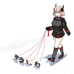 Rule 34 | 1girl, akaoni (zumt3548), azur lane, blonde hair, breasts, brown eyes, closed mouth, commentary request, cross, full body, hair between eyes, headgear, hiragana, holding, holding leash, iron cross, large breasts, leash, looking down, mechanical hands, multicolored hair, partial commentary, red hair, roon (azur lane), short hair, sidelocks, simple background, skirt, smile, streaked hair, walking, white background