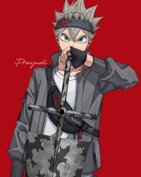Rule 34 | 1boy, ahoge, asta (black clover), black clover, black gloves, black headband, covered mouth, fanny pack, fingerless gloves, gloves, green eyes, grey hair, grey jacket, hair between eyes, headband, highres, holding, holding sword, holding weapon, jacket, long bangs, looking at viewer, male focus, prayudi555, red background, shirt, signature, solo, spiked hair, sword, weapon, white shirt