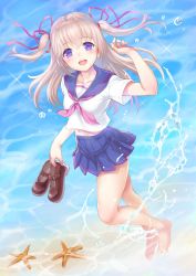 Rule 34 | 1girl, absurdres, bare legs, barefoot, blue skirt, blush, breasts, brown footwear, collarbone, commentary, feet, full body, hair ribbon, highres, holding, holding shoes, long hair, looking at viewer, medium breasts, midriff, navel, necktie, ocean, open mouth, pink necktie, purple eyes, red ribbon, ribbon, sailor collar, school uniform, shirt, shoes, unworn shoes, short sleeves, silver hair, skirt, smile, solo, splashing, starfish, two side up, vauquelin (warship girls r), wagashi (yokotejn), warship girls r, water, white shirt