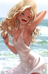 Rule 34 | 1girl, ;d, arm behind head, arm up, armpits, blonde hair, blue eyes, blue nails, blush, bracelet, breasts, cleavage, covered navel, cowboy shot, day, dress, earrings, hat, highres, jewelry, kobamiso (kobalt), long hair, looking at viewer, nail polish, one eye closed, open mouth, original, outdoors, see-through, small breasts, smile, solo, straw hat, sundress, teeth, upper teeth only, very long hair, water, wet, wet clothes, wet dress, white dress, yellow hat