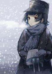 Rule 34 | 1girl, arare (kancolle), black coat, black gloves, black hair, black scarf, brown eyes, cloud, cloudy sky, coat, gloves, hat, holding, kantai collection, one-hour drawing challenge, outdoors, rigging, scarf, short hair, signature, sky, snowing, solo, water, yamashichi (mtseven)