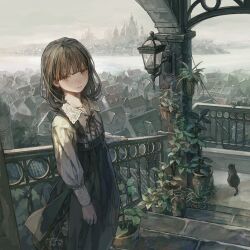 Rule 34 | 1girl, arch, black cat, black ribbon, black skirt, brown eyes, brown hair, building, cat, chimney, city, collarbone, collared shirt, expressionless, ferris wheel, flower pot, fog, grey sky, hand on railing, high-waist skirt, highres, hotatenshi, house, lantern, long sleeves, looking at viewer, medium hair, on stairs, original, plant, potted plant, puffy long sleeves, puffy sleeves, ribbon, river, scenery, shirt, skirt, sky, solo, stairs, suspender skirt, suspenders, tree, watering can, white shirt, window