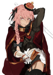 Rule 34 | 1boy, absurdres, armor, astolfo (fate), black bow, black skirt, black thighhighs, bow, braid, cape, closed mouth, contrapposto, cowboy shot, crown, fate/apocrypha, fate (series), faulds, garter belt, gauntlets, gorget, hair between eyes, hair bow, hair intakes, hand up, highres, hiranko, holding, holding sword, holding weapon, long hair, looking at viewer, male focus, pink eyes, pink hair, red cape, simple background, single braid, skirt, solo, standing, sword, thighhighs, trap, unfinished, weapon, white background