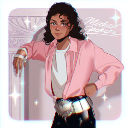 Rule 34 | 1boy, androgynous, animification, belt, black pants, blush, brown eyes, character name, chromatic aberration, clenched hand, collared shirt, column, dark-skinned male, dark skin, grey belt, hand on own hip, highres, leather, leather pants, long hair, looking at viewer, male focus, metal belt, michael jackson, pants, pillar, pink shirt, pirorin21century, real life, shirt, smile, solo, sparkle, white shirt