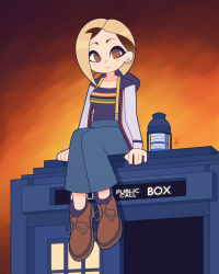 Rule 34 | 1girl, blue pants, brown eyes, brown footwear, doctor who, earrings, full body, highres, hood, hoodie, jewelry, long sleeves, looking at viewer, louis lloyd-judson, medium hair, pants, phone booth, shadow, shirt, shoes, signature, sitting, smile, solo, striped clothes, striped shirt, tardis, the doctor, thirteenth doctor