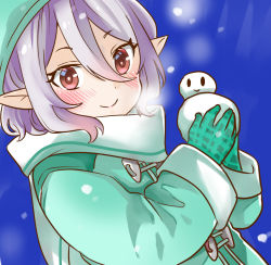 Rule 34 | 1girl, blue background, blush, coat, commentary request, gloves, green coat, green gloves, green headwear, hair between eyes, holding snowman, jin kansai, kokkoro (princess connect!), long sleeves, medium hair, pointy ears, princess connect!, red eyes, sidelocks, smile, snowing, snowman, solo