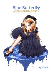 Rule 34 | 1girl, abigail williams (fate), bad id, bad pixiv id, black bow, black dress, black footwear, black hat, blonde hair, bloomers, blue eyes, blush, bow, bug, butterfly, character name, closed mouth, cloud, commentary request, cover, cover page, dress, fate/grand order, fate (series), forehead, full body, hair bow, hands up, hat, highres, insect, knees up, long hair, long sleeves, looking at viewer, looking to the side, multiple hair bows, orange bow, parted bangs, shoes, simple background, sitting, sleeves past fingers, sleeves past wrists, smile, solo, toonoki, underwear, very long hair, white background, white bloomers