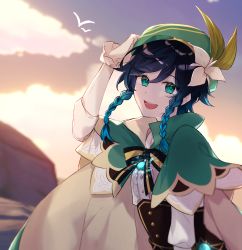Rule 34 | 1boy, anemo (genshin impact), black hair, blue eyes, blue hair, blurry, blurry background, braid, cape, flower, frilled sleeves, frills, gem, genshin impact, gradient hair, green hat, hair flower, hair ornament, hat, highres, jewelry, long sleeves, looking at viewer, male focus, multicolored hair, open mouth, smile, solo, tana (tanabio), trap, twin braids, venti (genshin impact), vision (genshin impact), white flower