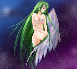Rule 34 | 1girl, angel wings, bandages, breasts, c.c., code geass, green hair, long hair, no pussy, nude, simple background, solo, wings, yellow eyes