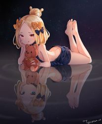 Rule 34 | 1girl, :q, abigail williams (fate), artist name, ass, backless outfit, bare arms, bare legs, bare shoulders, barefoot, black bow, black sweater, blonde hair, blue eyes, blush, bow, butt crack, closed mouth, different reflection, dimples of venus, fate/grand order, fate (series), forehead, full body, hair bow, hair bun, highres, legs up, long hair, looking at viewer, lying, meme attire, multiple hair bows, night, night sky, on stomach, orange bow, parted bangs, polka dot, polka dot bow, red eyes, reflection, ribbed sweater, ripples, signature, single hair bun, sky, smile, soles, solo, star (sky), starry sky, stuffed animal, stuffed toy, sweater, teddy bear, tongue, tongue out, twitter username, tyot, virgin killer sweater, water