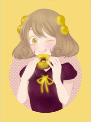 Rule 34 | 1girl, blush, brown hair, doughnut, food, golden chocolate, jojon, licking lips, looking at viewer, mister donut, nail polish, personification, short hair, simple background, smile, solo, tongue, tongue out, upper body, yellow background, yellow eyes, yellow nails