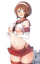 Rule 34 | 1girl, :3, black panties, blush, breasts, brown hair, cleavage, clothes lift, cosplay, crop top, elbow gloves, flying sweatdrops, gloves, hair between eyes, hairband, highleg, highleg panties, highres, kantai collection, microskirt, midriff, natori (kancolle), navel, nose blush, open mouth, panties, pleated skirt, red eyes, rensouhou-chan, sailor collar, shimakaze (kancolle), shimakaze (kancolle) (cosplay), short hair, simple background, skindentation, skirt, skirt lift, solo, string panties, striped clothes, striped thighhighs, sumisu (mondo), tears, thighhighs, trembling, underboob, underwear, white background, white gloves