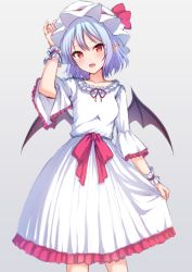 Rule 34 | 1girl, :d, arm up, bat wings, blue hair, blush, collarbone, cowboy shot, dress, fang, frilled dress, frilled sleeves, frills, grey background, hat, hat ribbon, head tilt, junior27016, long sleeves, looking at viewer, mob cap, open mouth, pointy ears, red eyes, red ribbon, remilia scarlet, ribbon, short hair, simple background, skirt hold, smile, solo, standing, touhou, white dress, white hat, wings, wrist cuffs