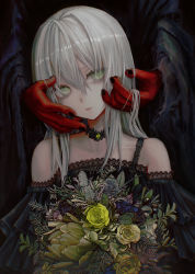 Rule 34 | 1girl, 1other, absurdres, bare shoulders, black choker, black dress, black nails, bouquet, brown flower, choker, closed mouth, collarbone, colored skin, dress, flower, green eyes, grey hair, hair between eyes, highres, holding, holding bouquet, huge filesize, long hair, looking at viewer, nail polish, off-shoulder dress, off shoulder, original, red skin, solo focus, straw like, upper body, yellow flower