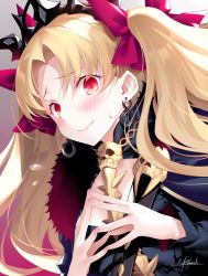 Rule 34 | 1girl, artist name, blonde hair, blush, bow, closed mouth, ereshkigal (fate), fate/grand order, fate (series), fur trim, hair bow, hands up, kousaki rui, long hair, looking at viewer, own hands together, purple bow, red eyes, signature, skull, smile, solo, steepled fingers, sweatdrop, tiara, tohsaka rin, two side up