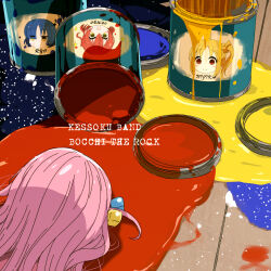 Rule 34 | 1girl, absurdres, album cover, album cover redraw, bocchi the rock!, bucket, bucket spill, copyright name, cover, cube hair ornament, derivative work, face down, gotoh hitori, goumonsha, hair ornament, highres, husking bee, ijichi nijika, kita ikuyo, long hair, lying, mole, mole under eye, on floor, on stomach, paint, paint can, paint splatter, parody, pink hair, solo, spill, yamada ryo