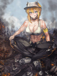 Rule 34 | 1girl, :q, abs, alternate muscle size, arm support, armband, bandaid, bandaid on cheek, bandaid on face, bare shoulders, black choker, blush, breasts, choker, cityscape, cleavage, cloud, cloudy sky, collarbone, crossed ankles, ear piercing, fire, giant, giantess, goddess of victory: nikke, green eyes, hand on own knee, highleg, licking lips, maxwell (nikke), mechanical legs, medium breasts, microphone, navel, orange hair, piercing, ruins, short hair, sidelocks, sitting, sky, smoke, solo focus, sports bra, sweat, toned, tongue, tongue out, visor cap, white sports bra, yilx