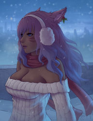 Rule 34 | 1girl, animal ears, warrior of light (ff14), bare shoulders, blue background, blue eyes, breasts, cat ears, cleavage, commission, dark-skinned female, dark skin, earmuffs, earrings, facial mark, final fantasy, final fantasy xiv, jewelry, long hair, medium breasts, miqo&#039;te, night, off-shoulder, off-shoulder sweater, off shoulder, outdoors, parted lips, purple hair, ribbed sweater, scarf, slit pupils, snowing, solo, soranamae, sweater, upper body, white sweater