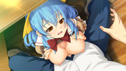 Rule 34 | 10s, 1girl, akinashi yuu, ao no kanata no four rhythm, ao no kanata no four rhythm -es-, blue hair, breasts, breasts squeezed together, censored, chair, from above, game cg, indoors, kneeling, large breasts, long hair, looking at viewer, mosaic censoring, nipples, no bra, open clothes, open mouth, paizuri, penis, ponytail, school uniform, shoes, sitting, skirt, solo focus, sonozaki miu, suzumori, table, under table, yellow eyes