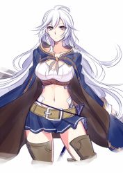 Rule 34 | 1girl, belt, blue cape, blue skirt, boots, braid, breasts, brown eyes, cape, cleavage, commentary request, contrapposto, cowboy shot, konshin, large breasts, long hair, looking at viewer, miniskirt, navel, original, pleated skirt, simple background, skirt, solo, standing, thigh boots, thighhighs, thighs, white background, white hair, zettai ryouiki