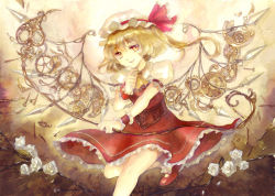 Rule 34 | 1girl, alternate wings, ascot, bad id, bad pixiv id, blonde hair, bow, color ink (medium), dress, flandre scarlet, flower, hat, hat bow, keiko (mitakarawa), laevatein, mob cap, painting (medium), puffy short sleeves, puffy sleeves, red dress, red eyes, rose, shirt, short sleeves, side ponytail, solo, touhou, traditional media, white flower, white rose, wings, wrist cuffs