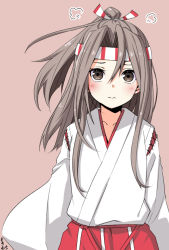 Rule 34 | 1girl, puff of air, brown background, brown eyes, commentary request, hachimaki, hakama, hakama pants, hakama shorts, headband, high ponytail, japanese clothes, kantai collection, light brown hair, long hair, looking at viewer, moti coi, pants, shorts, simple background, solo, upper body, zuihou (kancolle)