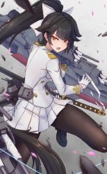Rule 34 | 1girl, absurdly long hair, animal ears, artillery, azur lane, black footwear, black hair, bow, breasts, brown pantyhose, buttons, dog ears, double-breasted, from side, gloves, grey background, hair bow, hair ears, hair flaps, half gloves, highres, holding, holding sword, holding weapon, jacket, katana, large breasts, leg up, long hair, long sleeves, military, military uniform, miniskirt, open mouth, orange eyes, pantyhose, pleated skirt, ponytail, rigging, scabbard, sheath, sheathed, shoes, simple background, skirt, solo, sword, takao (azur lane), turret, uniform, very long hair, waa! okami, weapon, white bow, white gloves, white jacket, white skirt