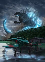 Rule 34 | aircraft, airplane, building, dawn, day, destruction, dinosaur, dirt, dust, energy, fighter plane, forest, glowing, glowing particles, glowing spikes, godzilla, godzilla (minus one), godzilla (series), godzilla minus one, highres, hill, j7w shinden, kaijuu, mac naut, military vehicle, nature, overcast, particles, propeller, runway, scenery, sky, spikes, tail, toho, tree, wet floor