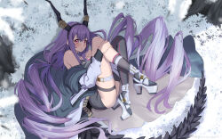 1girl arknights bare_shoulders black_dress black_jacket black_thighhighs blush commentary dress drill_hair fake_horns grass grey_footwear high_heels horns hugging_own_legs jacket knees_up long_hair looking_at_viewer lying on_side parted_lips plant red_eyes single_thighhigh solo tail thigh_strap thighhighs tree twintails typhon_(arknights) very_long_hair yukidaruma718