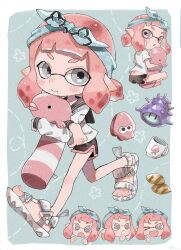 Rule 34 | &gt; o, 1girl, 3:, :o, ;d, artist name, bandana, black sailor collar, black shorts, blue bandana, blush, clam, closed mouth, commentary, crossed arms, cup, ear blush, expressions, fang, film grain, grey eyes, highres, holding, holding stuffed toy, inkling, inkling girl, inkling player character, long sleeves, medium hair, mug, nintendo, one eye closed, open mouth, pink hair, plum0o0, pointy ears, running, sailor collar, sandals, shirt, short bangs, short eyebrows, shorts, signature, sitting, smile, splatoon (series), stuffed animal, stuffed squid, stuffed toy, super sea snail, symbol-only commentary, tentacle hair, thumbs up, white footwear, white shirt