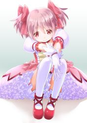 Rule 34 | 10s, 1girl, absurdres, bubble skirt, choker, dress, frilled dress, frills, gloves, hair ribbon, highres, kaname madoka, kneehighs, looking at viewer, magical girl, mahou shoujo madoka magica, mahou shoujo madoka magica (anime), petticoat, pink eyes, pink hair, puffy short sleeves, puffy sleeves, revision, ribbon, rin2008, shadow, short sleeves, sitting, skirt, smile, socks, solo, twintails, white gloves, white socks