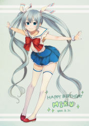 Rule 34 | 10s, 1girl, 2014, character name, dated, hair ribbon, happy birthday, hatsune miku, long hair, mizutamako, outstretched arms, ribbon, sailor collar, skirt, smile, solo, spread arms, thighhighs, twintails, very long hair, vocaloid