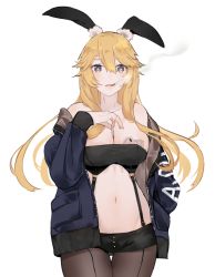 Rule 34 | 1girl, alternate costume, bad id, bad pixiv id, bare shoulders, between breasts, black pantyhose, black shorts, blonde hair, blue coat, blue eyes, blush, breasts, cigarette, cleavage, coat, collarbone, cowboy shot, dollar sign, front-seamed legwear, hair between eyes, iowa (kancolle), kantai collection, large breasts, long hair, long sleeves, money, mouth hold, navel, neko (ganecooo), off shoulder, open clothes, open coat, pantyhose, parted lips, pink lips, seamed legwear, short shorts, shorts, simple background, smoke, smoking, solo, star-shaped pupils, star (symbol), stomach, strapless, symbol-shaped pupils, thigh gap, very long hair, white background