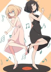 Rule 34 | 10s, absurdres, andou (girls und panzer), beamed eighth notes, black dress, black footwear, black hair, blonde hair, blue eyes, breasts, brown eyes, cbgb, cleavage, clenched hands, closed mouth, commentary, dancing, dark-skinned female, dark skin, dress, eighth note, flower, formal, frown, girls und panzer, high heels, highres, leg up, looking at viewer, medium breasts, medium hair, messy hair, musical note, open mouth, oshida (girls und panzer), pink dress, pink flower, pink footwear, pink rose, quarter note, record, rose, sleeveless, sleeveless dress, smile, standing, standing on one leg, strapless, strapless dress, v-shaped eyebrows