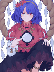 Rule 34 | 1girl, absurdres, anklet, autumn leaves, blue hair, blush, breasts, eyes visible through hair, feet out of frame, frills, hair ornament, highres, jewelry, knee up, large breasts, layered sleeves, leaf, leaf hair ornament, light smile, long sleeves, looking at viewer, maple leaf, mirror, mugi (mugimugi 9kv), puffy short sleeves, puffy sleeves, red eyes, red shirt, rope, shimenawa, shirt, short hair, short over long sleeves, short sleeves, simple background, sitting, solo, touhou, white background, yasaka kanako