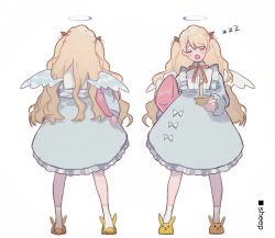 Rule 34 | 1girl, angel, angel wings, animal slippers, blonde hair, blue dress, blush stickers, bunny slippers, candle, dress, closed eyes, ez 1011, halo, highres, holding, holding candle, long hair, long sleeves, multiple views, open mouth, original, simple background, slippers, socks, white background, white legwear, white wings, wings, zzz
