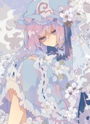 Rule 34 | 1girl, bags under eyes, blue bow, blue bowtie, blue dress, blue hat, bow, bowtie, cherry blossoms, commentary, dress, feet out of frame, flower, hat, hat flower, highres, hitodama, knees up, looking at viewer, medium hair, mob cap, nikorashi-ka, pink eyes, pink hair, saigyouji yuyuko, sitting, solo, touhou, triangular headpiece