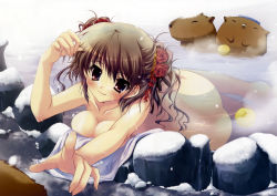 Rule 34 | 1girl, :3, = =, absurdres, back, blush, breast press, breasts, brown eyes, brown hair, capybara, cleavage, copyright request, flower, hair flower, hair ornament, highres, izumi tsubasu, lying, nude, onsen, outdoors, pointing, rose, scan, smile, snow, solo, submerged, towel, twintails, water, wavy hair, wet