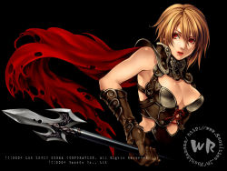 Rule 34 | 1girl, armpits, blonde hair, breasts, brown hair, cape, cleavage, cleavage cutout, clothing cutout, corset, elbow gloves, fantasy, fighting stance, gloves, hair between eyes, highres, large breasts, lips, lipstick, looking away, magic lancer (red stone), makeup, midriff, official art, official wallpaper, open mouth, polearm, red eyes, red stone, short hair, simple background, solo, spear, torn cape, torn clothes, turtleneck, upper body, wallpaper, weapon, yuki hayabusa