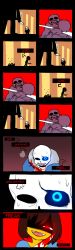 Rule 34 | 1boy, androgynous, black sclera, blood, bloody knife, bloody weapon, chara (undertale), clenched teeth, colored sclera, comic, dark persona, english text, evil smile, fang, frisk (undertale), gameplay mechanics, glowing, glowing eye, highres, hood, hoodie, knife, knocker12, red eyes, sans (undertale), shaded face, skeleton, skull, smile, spoilers, teeth, undertale, weapon