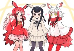 Rule 34 | 3girls, :d, bird tail, black-headed ibis (kemono friends), black gloves, black hair, black pantyhose, black ribbon, blush, braid, brown eyes, brown thighhighs, closed mouth, commission, frilled sleeves, frills, fur-trimmed jacket, fur collar, fur trim, gloves, grey hair, grey jacket, grey skirt, grey wings, hair bobbles, hair ornament, hand up, head wings, heart, highres, jacket, japanese crested ibis (kemono friends), kemono friends, kibisake, long sleeves, looking at viewer, low twintails, multicolored hair, multiple girls, neck ribbon, open mouth, outline, pantyhose, pleated skirt, red eyes, red hair, red jacket, red pantyhose, red ribbon, red skirt, red wings, ribbon, scarlet ibis (kemono friends), sidelocks, skeb commission, skirt, sleeves past fingers, sleeves past wrists, smile, standing, tail, thighhighs, twin braids, twintails, two-tone background, two-tone hair, v-shaped eyebrows, white background, white jacket, white outline, wide sleeves, wings, yellow background, yellow eyes, yellow ribbon