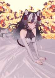 Rule 34 | 1girl, absurdres, alternate costume, animal ears, arm support, bare shoulders, black hair, blue eyes, blurry, blurry background, breasts, bridal gauntlets, bride, closed mouth, commentary request, covered erect nipples, dress, earrings, extra ears, fang, fang out, fingernails, flower, grey hair, grey wolf (kemono friends), hair between eyes, hair flower, hair ornament, heterochromia, highres, jewelry, kemono friends, leaning forward, long dress, long hair, looking at viewer, medium breasts, multicolored hair, nail polish, outstretched arms, ponta (matsuokazieg), red flower, red nails, red rose, ring, rose, sidelocks, skin fang, sleeveless, sleeveless dress, smile, solo, tail, two-tone hair, wedding dress, wolf ears, wolf girl, wolf tail, yellow eyes