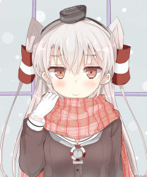 Rule 34 | 1girl, amatsukaze (kancolle), black dress, blush, brown eyes, buttons, dress, gloves, hair between eyes, hair tubes, highres, kantai collection, long hair, long sleeves, pink scarf, pinoaisu, plaid, plaid scarf, sailor collar, sailor dress, scarf, short dress, silver hair, solo, twitter username, two side up, white gloves, white sailor collar