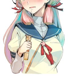 Rule 34 | 1girl, akashi (kancolle), blue sailor collar, colored inner hair, head out of frame, highres, holding, kantai collection, layered sleeves, long hair, long sleeves, multicolored hair, naka (kancolle), nonco, parted lips, pink hair, puffy short sleeves, puffy sleeves, sailor collar, saliva, school uniform, serafuku, shirt, short over long sleeves, short sleeves, sidelocks, snot, solo, upper body