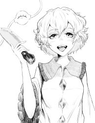 Rule 34 | 1girl, :d, absurdres, blush, breasts, buttons, diamond button, frilled shirt collar, frills, greyscale, hair between eyes, hand up, highres, holding, holding knife, knife, komeiji koishi, looking at viewer, medium breasts, monochrome, no headwear, open mouth, shirt, short hair, simple background, sleeves past elbows, smile, solo, teeth, third eye, tongue, touhou, upper body, upper teeth only, white background, wide sleeves, z e3desu