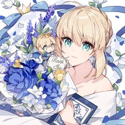Rule 34 | 1girl, ahoge, alternate costume, armor, armored dress, artoria pendragon (all), artoria pendragon (fate), bare shoulders, blonde hair, blue cape, blue flower, blue ribbon, bouquet, braid, braided bun, cape, character doll, closed mouth, collarbone, commentary, crown, doll, dress, earrings, english text, fate/grand order, fate/stay night, fate (series), flower, flower earrings, french braid, fur-trimmed cape, fur trim, green eyes, hair between eyes, hair bun, hair ribbon, holding, holding bouquet, jewelry, kamiowl, looking at viewer, hugging object, petals, purple flower, ribbon, saber (fate), short hair, smile, thank you, white dress, white flower, yellow flower